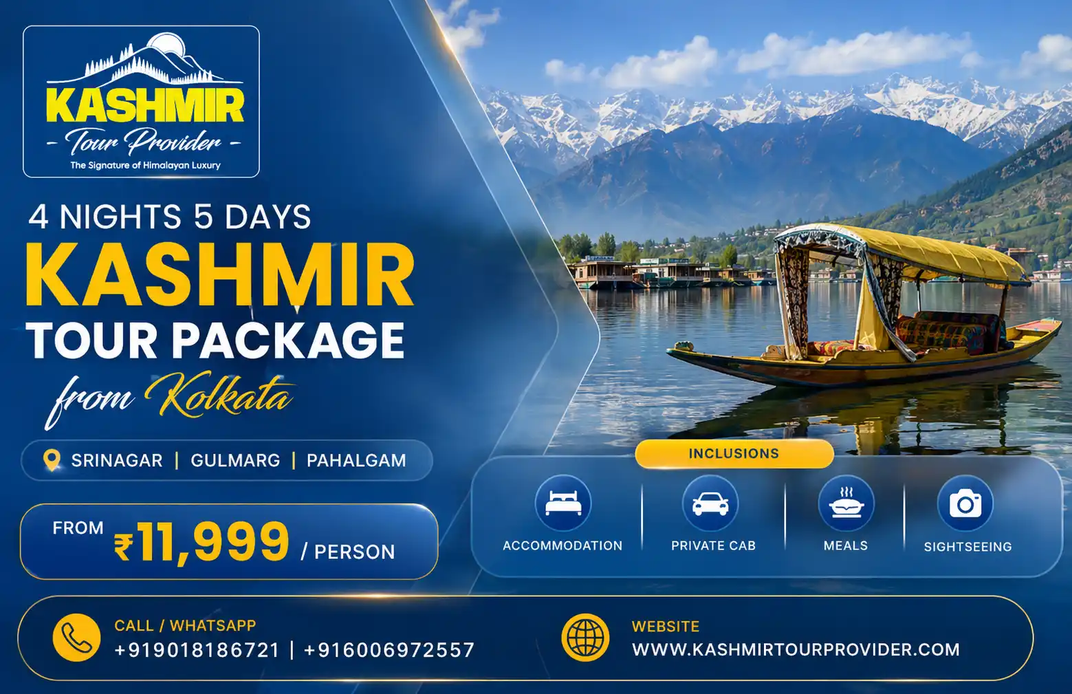 Kashmir Tour Package from Kolkata - 4 Nights 5 Days | Srinagar, Gulmarg & Pahalgam