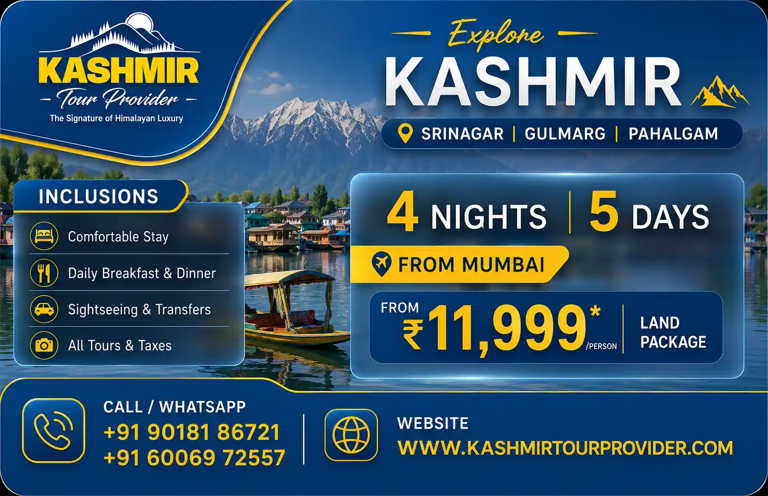 Kashmir Tour Package from Chennai - 4 Nights 5 Days | Srinagar, Gulmarg & Pahalgam
