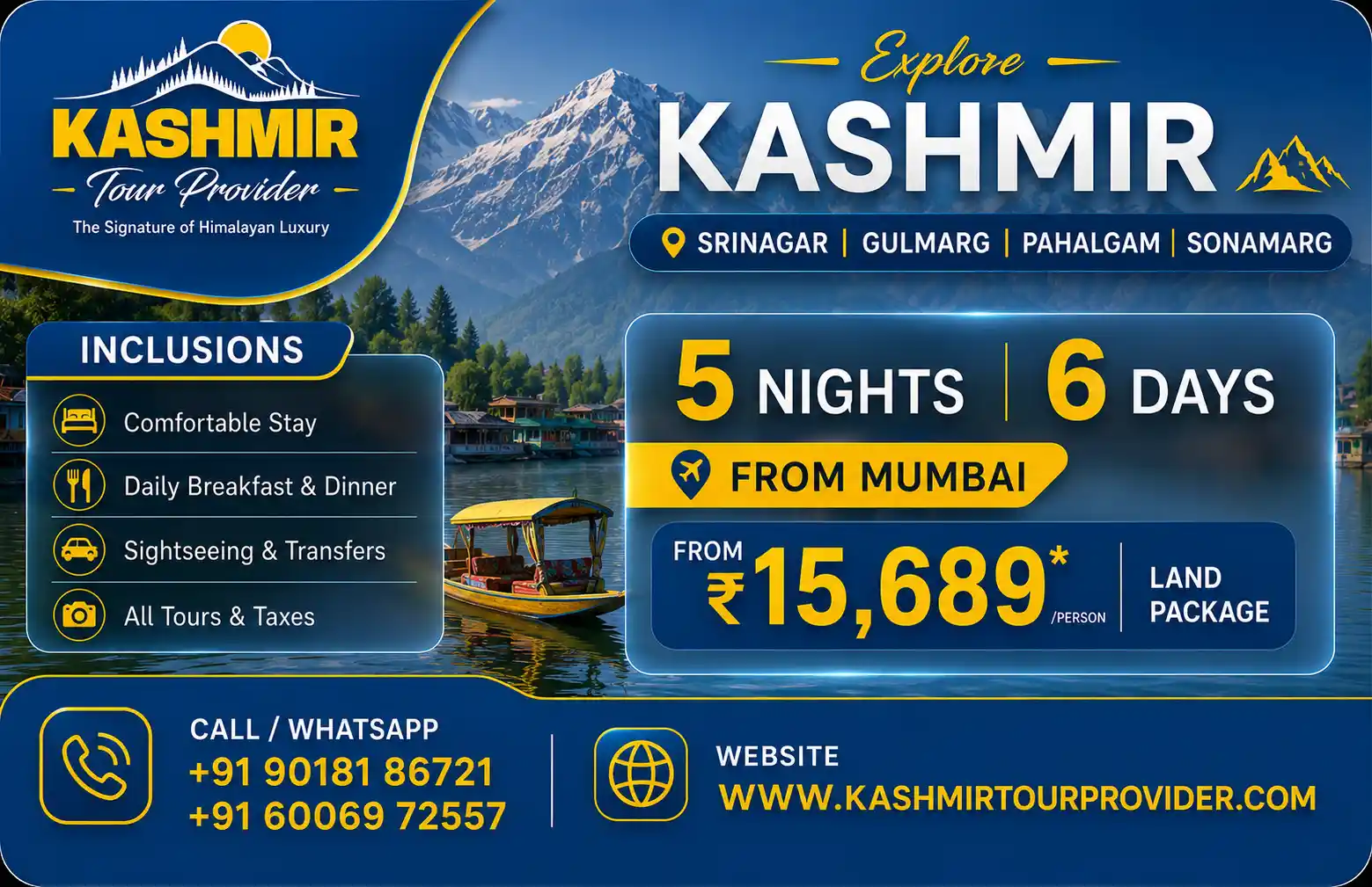 Kashmir Tour Package from Chennai - 5 Nights 6 Days | Srinagar, Gulmarg, Pahalgam & Sonamarg
