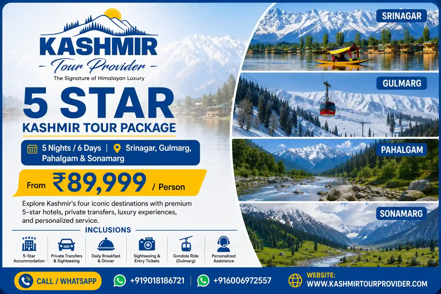 5 Star Kashmir Tour Package - 5 Nights 6 Days | Srinagar, Gulmarg, Pahalgam & Sonamarg