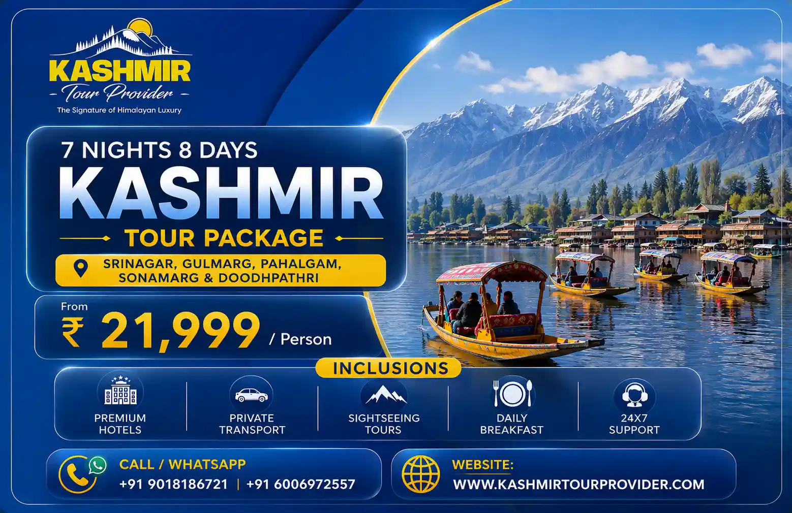 Kashmir Tour Package from Bangalore - 7 Nights 8 Days | Srinagar, Gulmarg, Pahalgam, Sonamarg & Doodhpathri