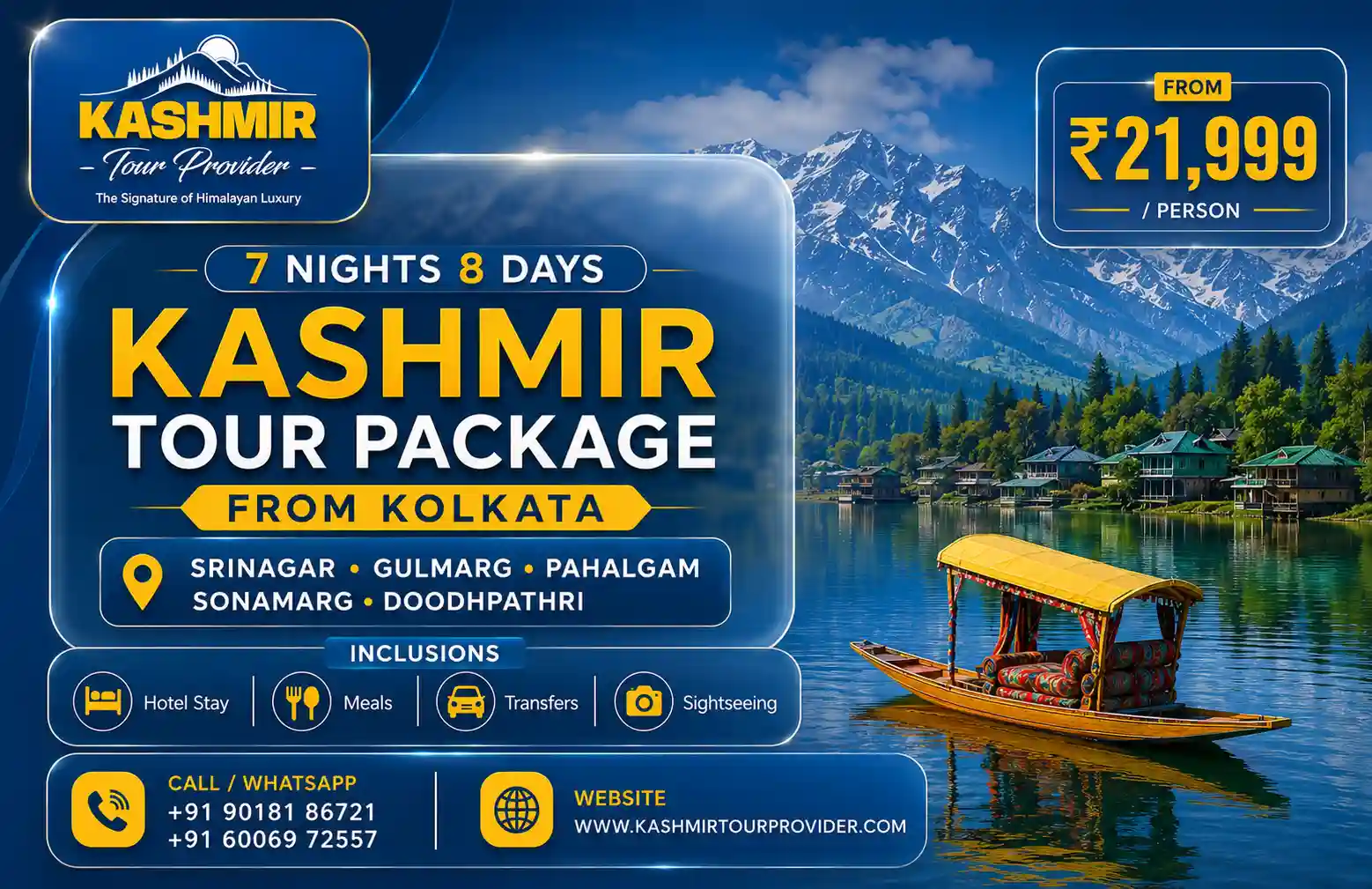 Kashmir Tour Package from Kolkata - 7 Nights 8 Days | Srinagar, Gulmarg, Pahalgam, Sonamarg & Doodhpathri