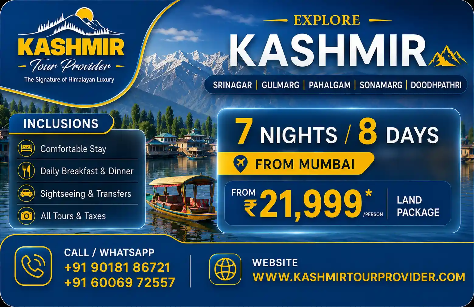 Kashmir Tour Package from Chennai - 7 Nights 8 Days | Srinagar, Gulmarg, Pahalgam, Sonamarg & Doodhpathri