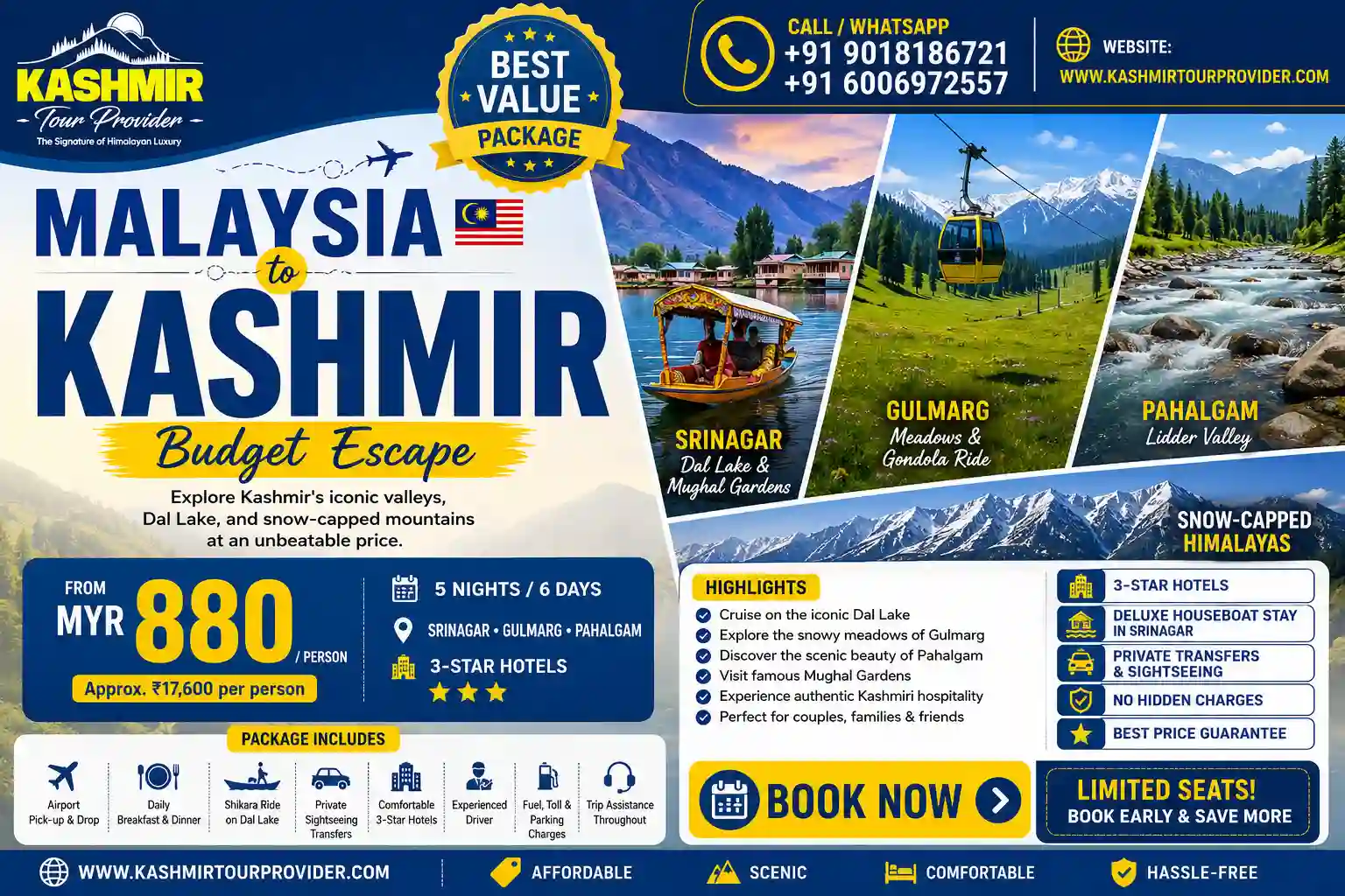 5 Nights 6 Days Malaysia to Kashmir Package - Srinagar, Gulmarg & Pahalgam | 3-Star Hotels