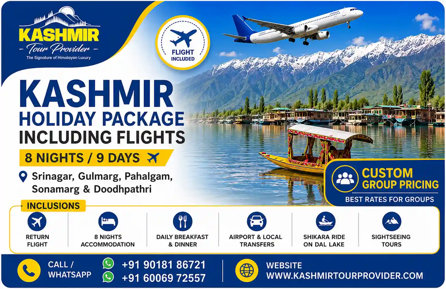 Group Kashmir Tour Package with Flight - 8 Nights 9 Days | Srinagar, Gulmarg, Pahalgam, Sonamarg & Doodhpathri