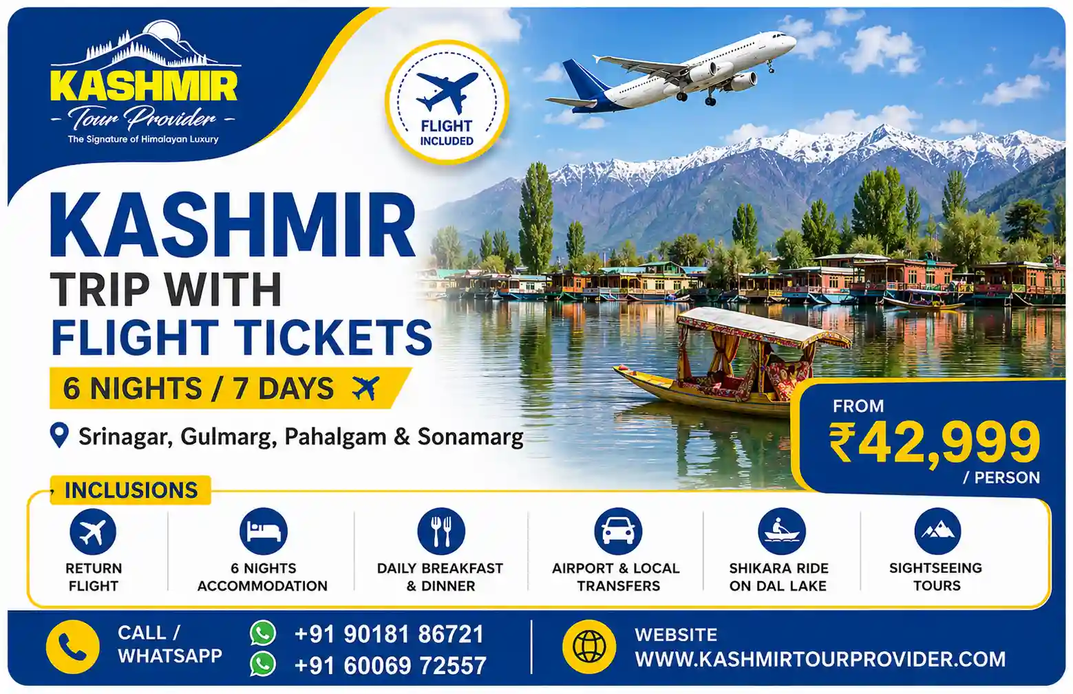 Premium Kashmir Tour Package with Flight - 6 Nights 7 Days | Srinagar, Gulmarg, Pahalgam & Sonamarg