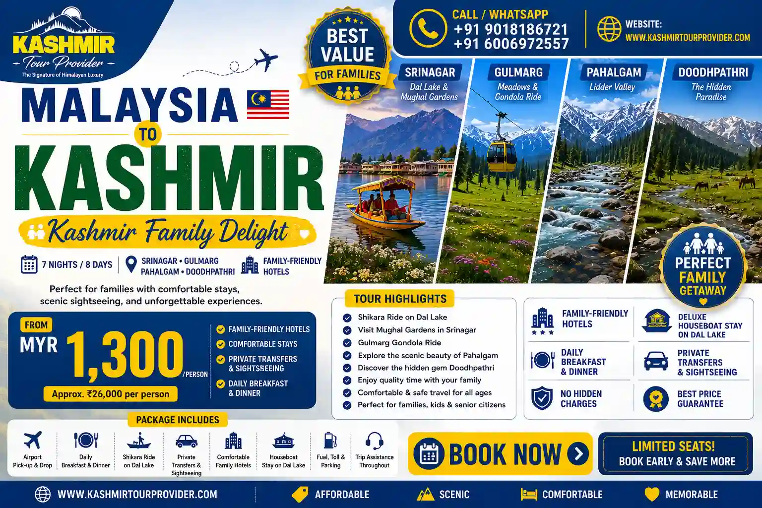 7 nights 8 days Malaysia to Kashmir package - Srinagar, Gulmarg, Pahalgam & Doodhpathri | Family-Friendly Hotels